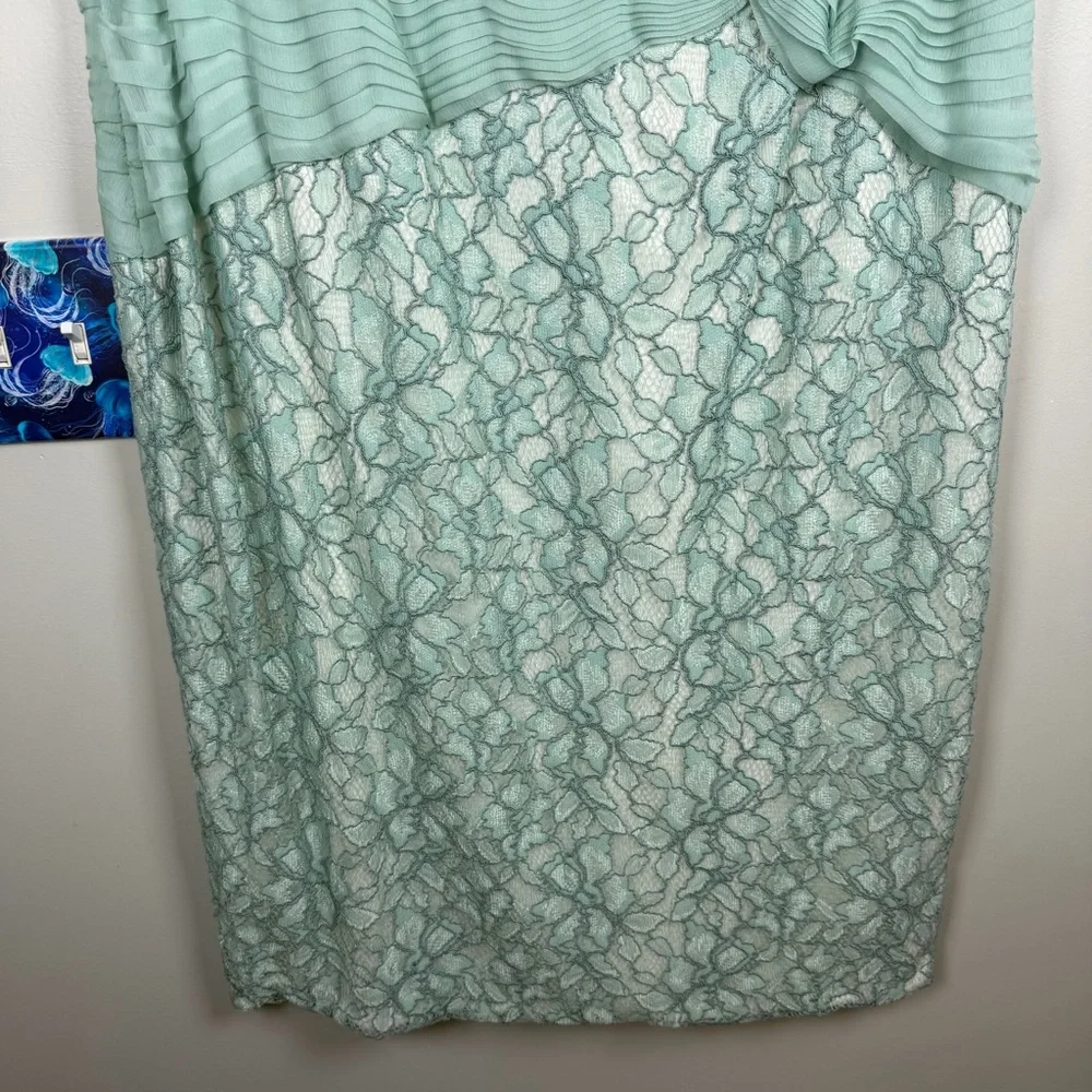 Tadashi Shoji EMBROIDERED TULLE PLEATED Lace Sheath Green Mint DRESS 18Q Easter